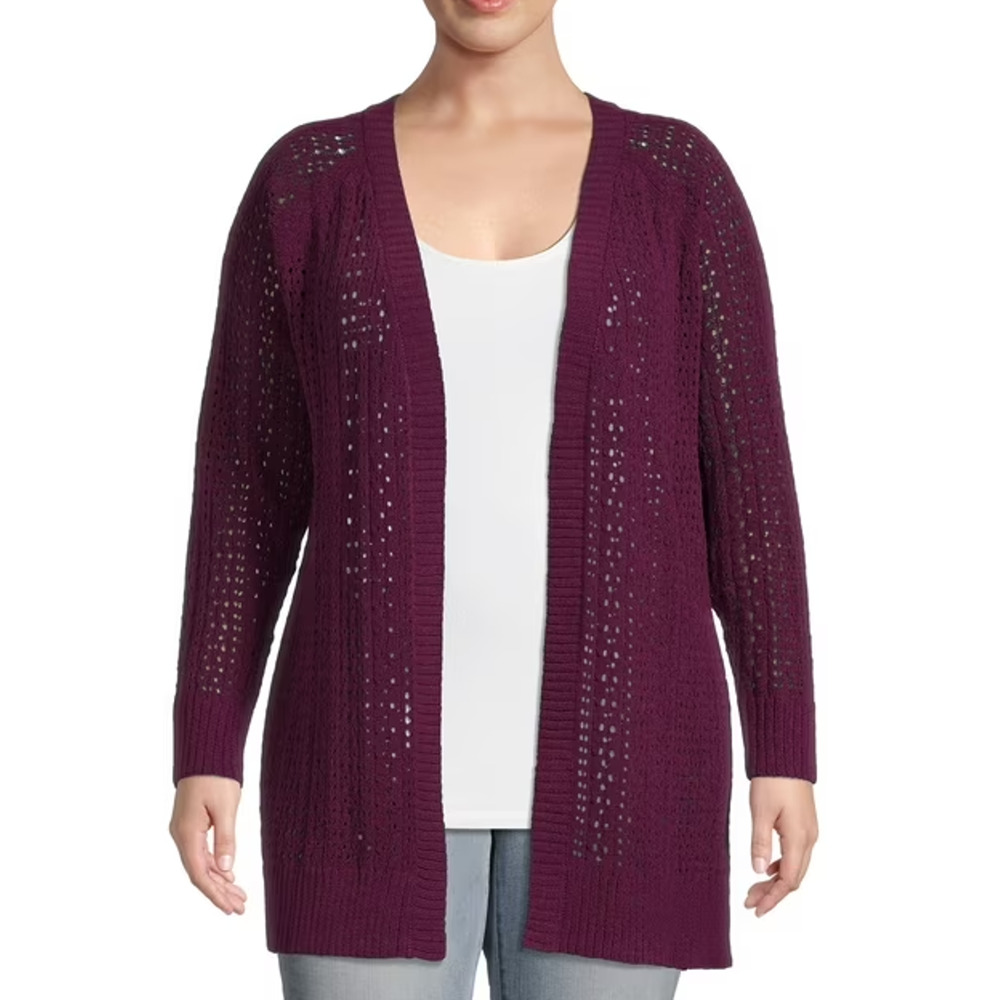 Terra & Sky Purple Open Front Chenille Pointelle Cardigan Sweater Womans Size 1X